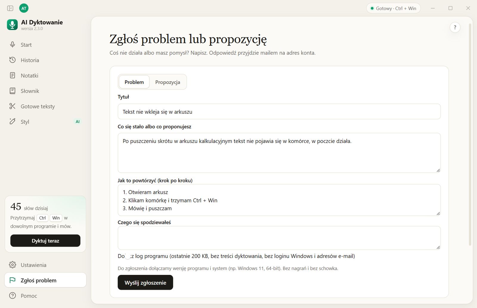 Ekran Zgłoś problem: formularz zgłoszenia z opcjonalnym dziennikiem