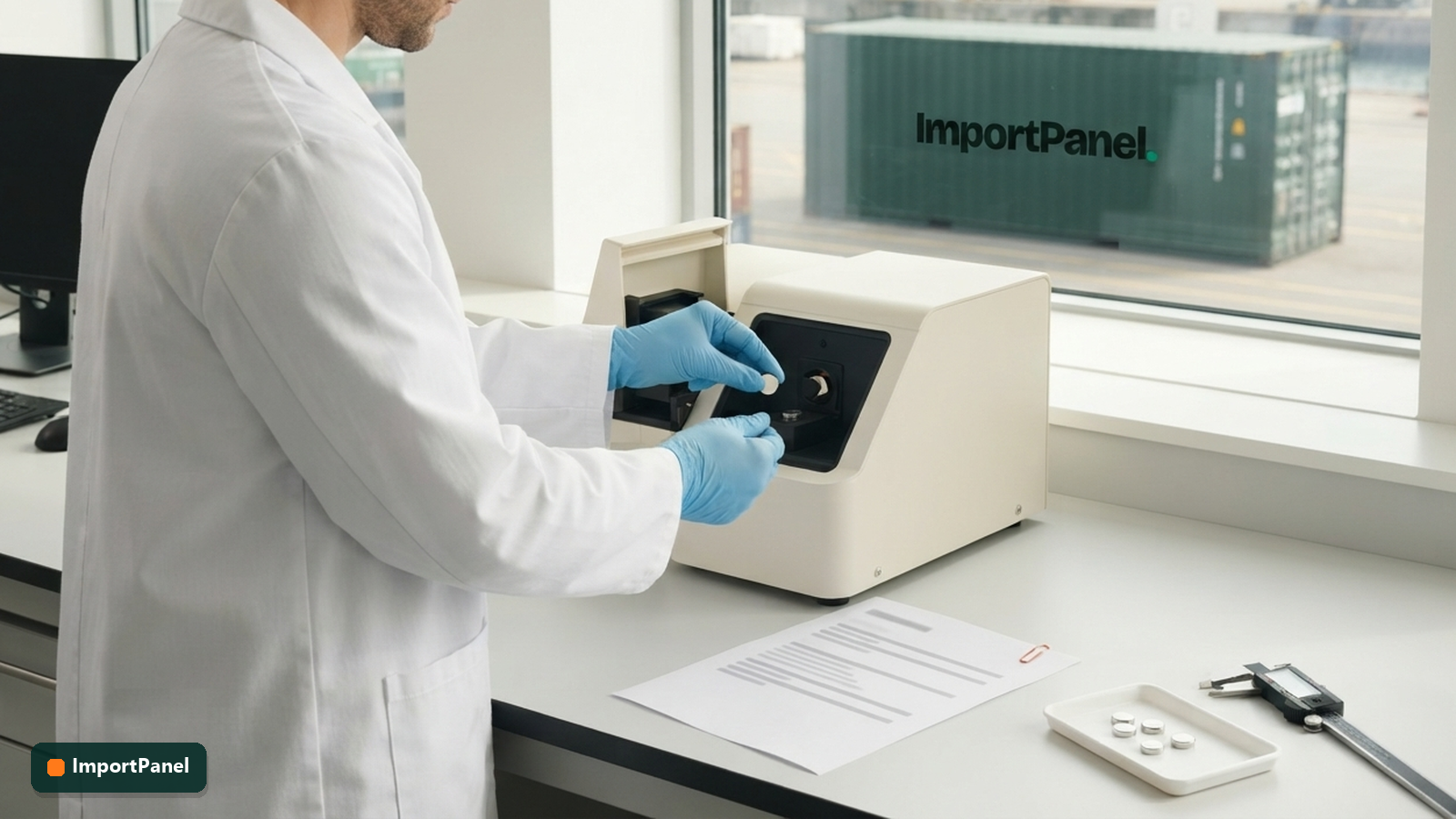 Technik w niebieskich rękawiczkach umieszcza próbkę magnesu neodymowego w spektrometrze, na blacie raport składu, próbki i suwmiarka, za oknem ciemnozielony kontener z logo ImportPanel