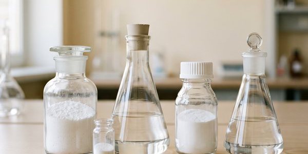 Szklane słoiki i kolby laboratoryjne z białym proszkiem i bezbarwnym płynem