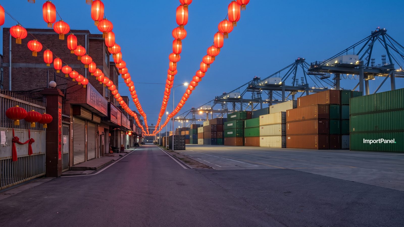 Ulica w chińskim mieście portowym wieczorem: rzędy czerwonych lampionów, zamknięta brama fabryki i cichy terminal kontenerowy z suwnicami