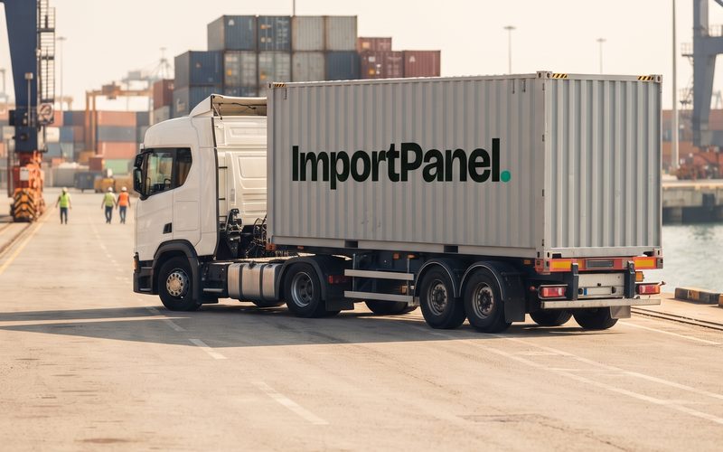 Ciężarówka z kontenerem z logo ImportPanel na drodze przy porcie, ilustracja wygenerowana przez AI